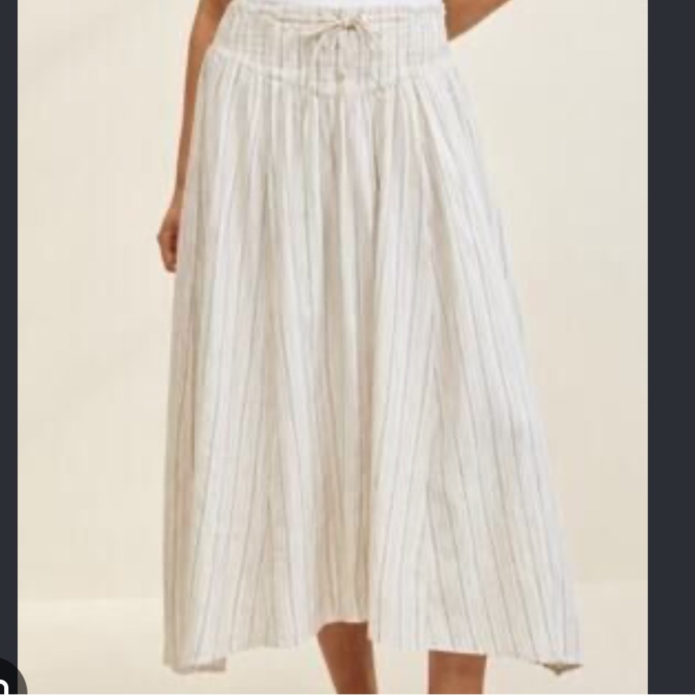 Aerie Midi Skirt smocked in cream pinstripe design